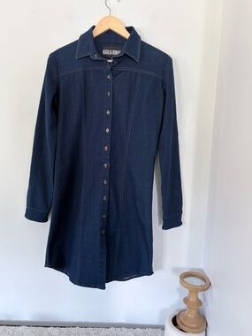 NATALIA ROMANO Sz S Dk Wash Blue Denim Shirt Dress Cotton Spandex Roll Tab LS